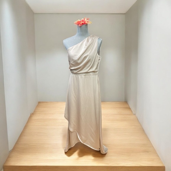 TFNC Bridesmaid satin one shoulder maxi dress with wrap skirt in champagne brown - Picture 1 of 11
